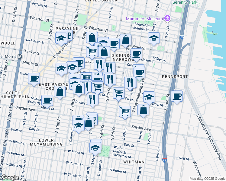 map of restaurants, bars, coffee shops, grocery stores, and more near 532 Moore Street in Philadelphia