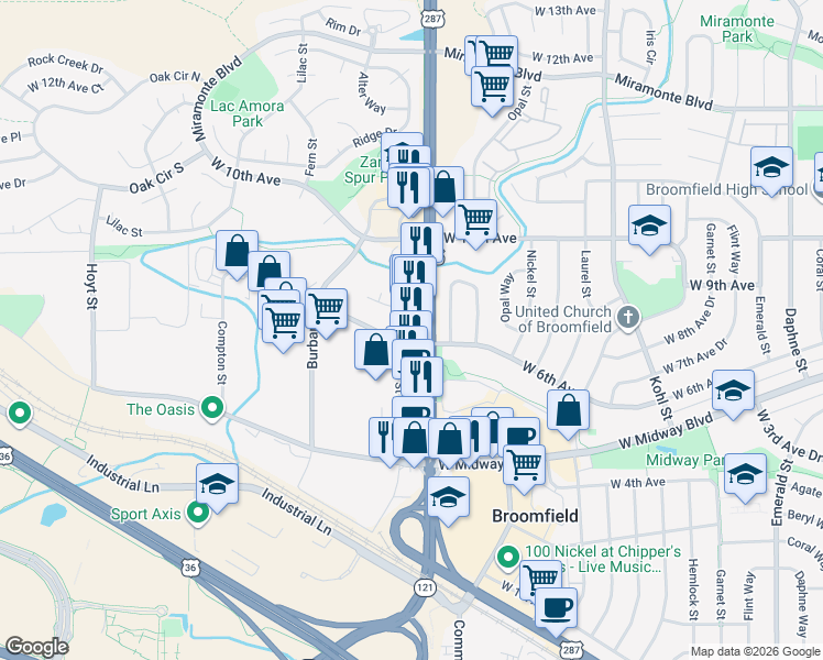 map of restaurants, bars, coffee shops, grocery stores, and more near 1902 W 6th Ave in Broomfield