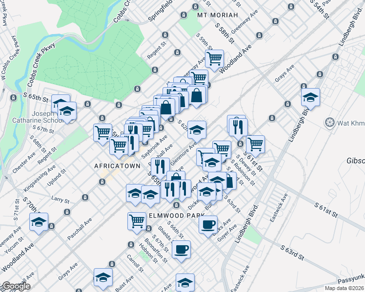 map of restaurants, bars, coffee shops, grocery stores, and more near 2323 South 63rd Street in Philadelphia