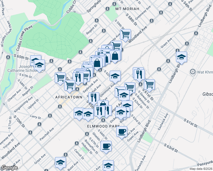 map of restaurants, bars, coffee shops, grocery stores, and more near 2323 South 63rd Street in Philadelphia