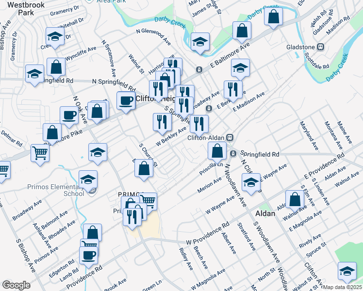 map of restaurants, bars, coffee shops, grocery stores, and more near 66 West Madison Avenue in Clifton Heights