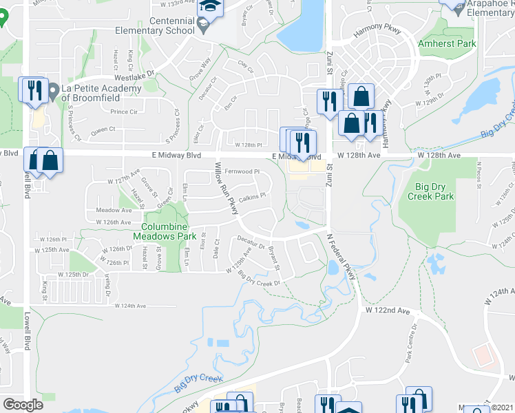 map of restaurants, bars, coffee shops, grocery stores, and more near 2775 Bethlehem Circle in Broomfield