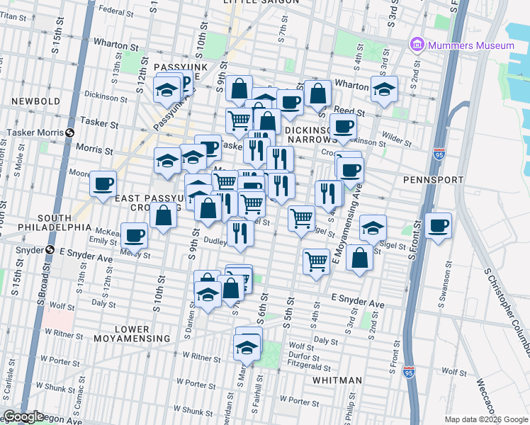 map of restaurants, bars, coffee shops, grocery stores, and more near 1826 South 6th Street in Philadelphia