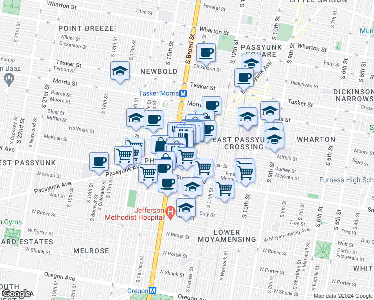 map of restaurants, bars, coffee shops, grocery stores, and more near 1323 McKean Street in Philadelphia