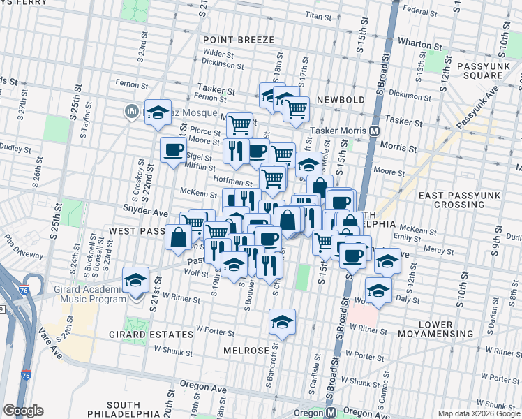 map of restaurants, bars, coffee shops, grocery stores, and more near 2038 South Bouvier Street in Philadelphia