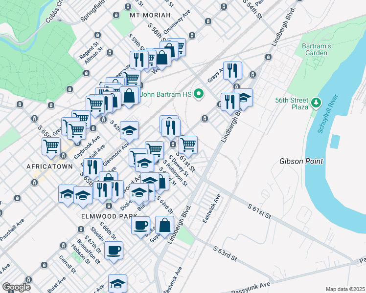 map of restaurants, bars, coffee shops, grocery stores, and more near 2544 South Millick Street in Philadelphia