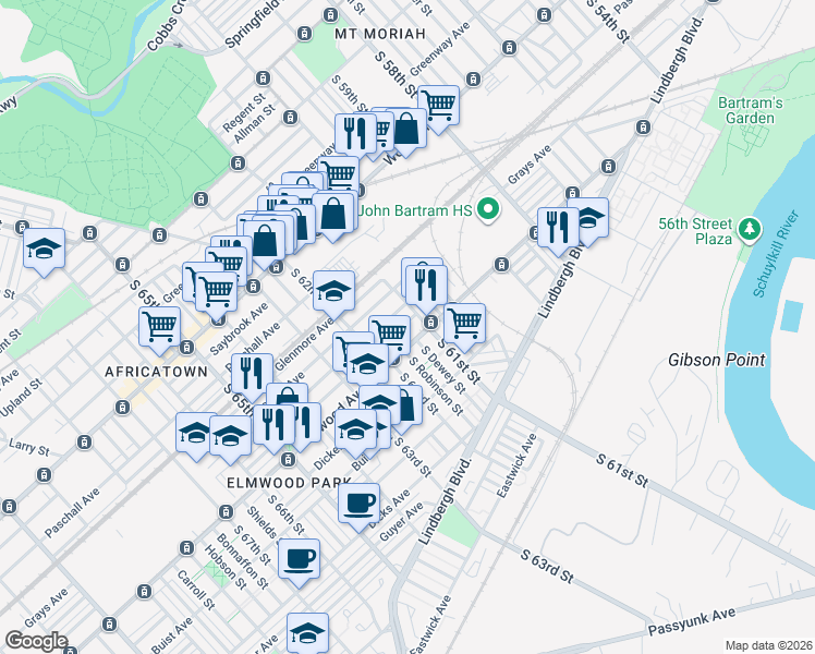 map of restaurants, bars, coffee shops, grocery stores, and more near 6053 Elmwood Avenue in Philadelphia