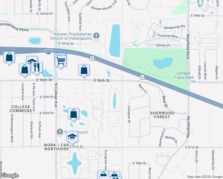 map of restaurants, bars, coffee shops, grocery stores, and more near 9461 Benchmark Drive in Indianapolis