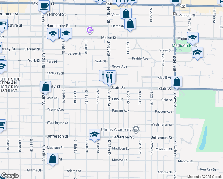 map of restaurants, bars, coffee shops, grocery stores, and more near 520-524 South 19th Street in Quincy