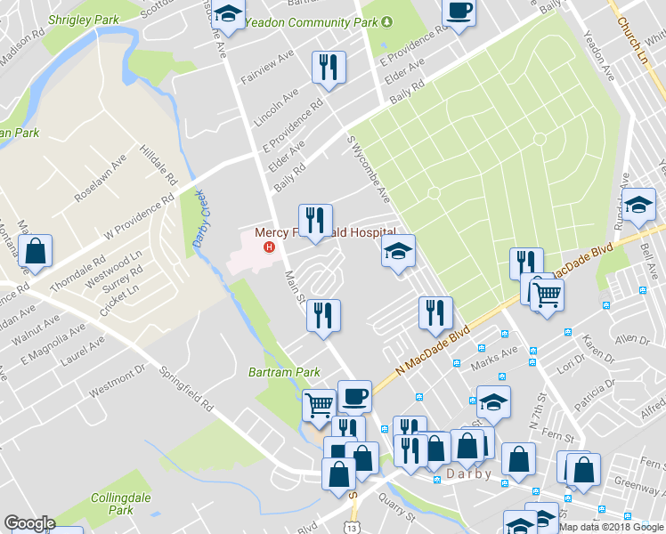 map of restaurants, bars, coffee shops, grocery stores, and more near 102 Branford Road in Darby