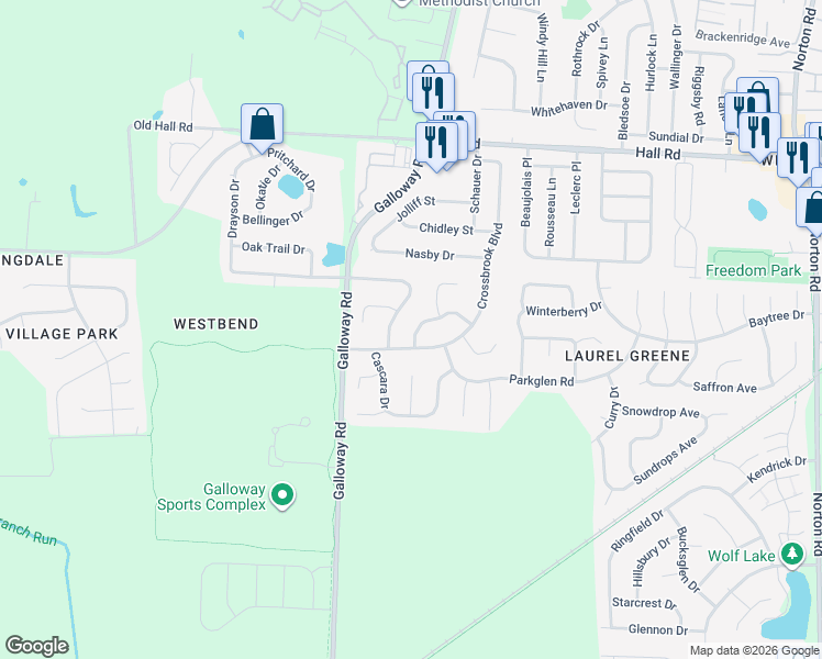 map of restaurants, bars, coffee shops, grocery stores, and more near 6182 Hazelmere Drive in Galloway