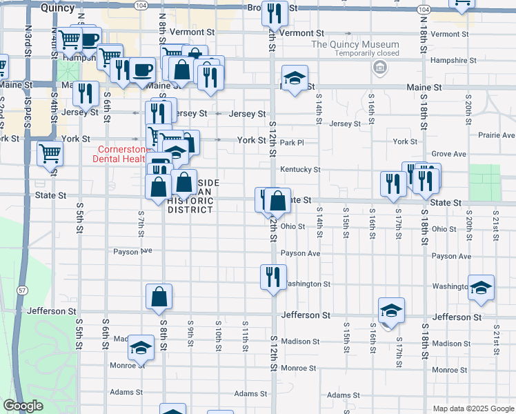 map of restaurants, bars, coffee shops, grocery stores, and more near 1118 State Street in Quincy