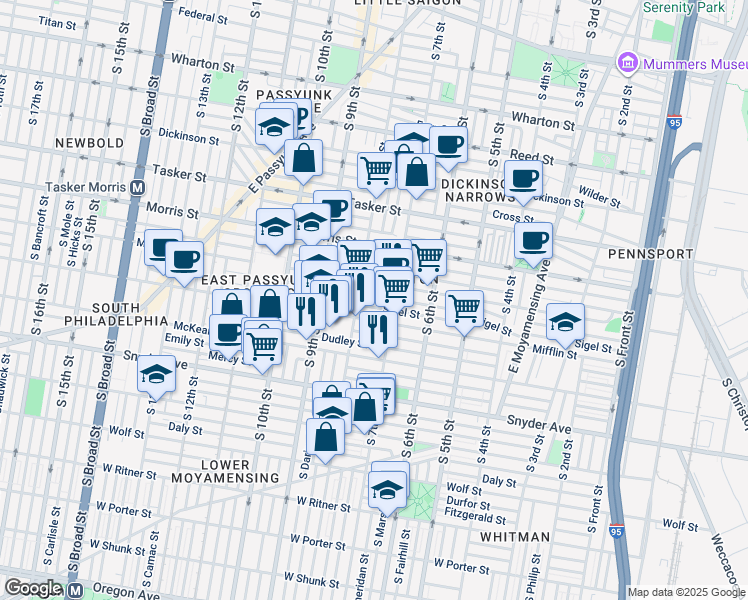 map of restaurants, bars, coffee shops, grocery stores, and more near 722 McClellan Street in Philadelphia