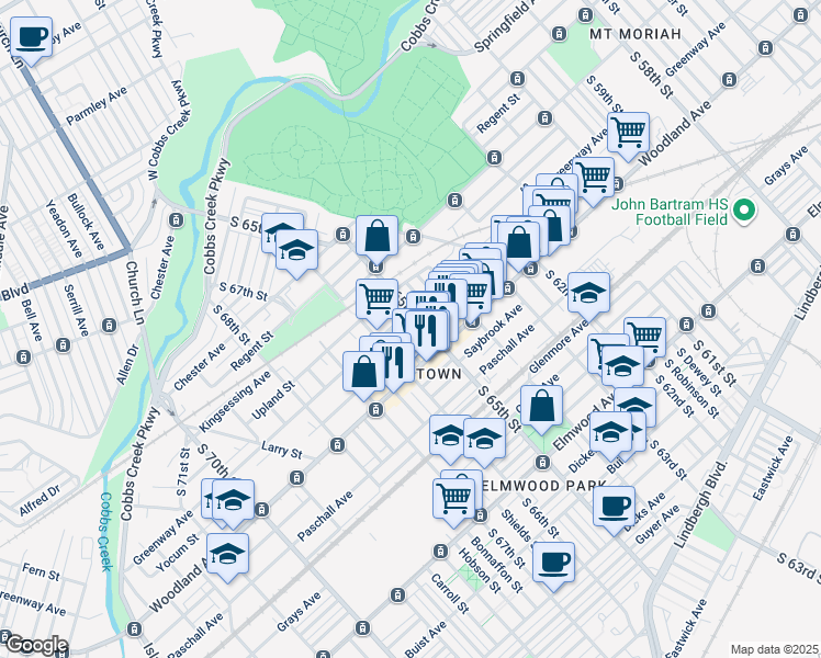 map of restaurants, bars, coffee shops, grocery stores, and more near 2115 South Daggett Street in Philadelphia