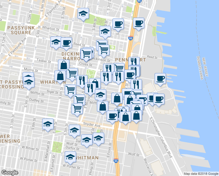 map of restaurants, bars, coffee shops, grocery stores, and more near 148 Watkins Street in Philadelphia