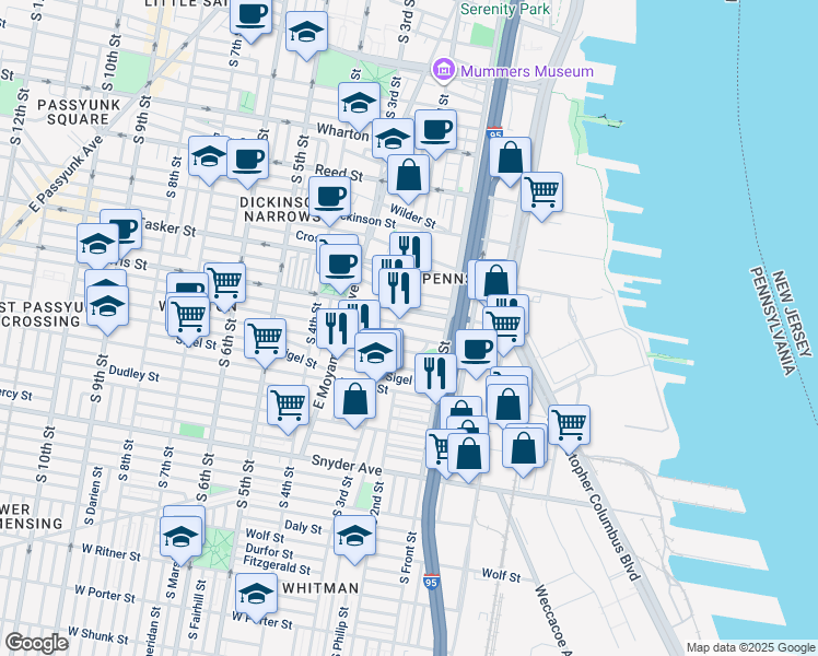 map of restaurants, bars, coffee shops, grocery stores, and more near 148 Watkins Street in Philadelphia