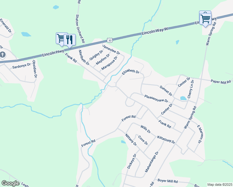 map of restaurants, bars, coffee shops, grocery stores, and more near 1679 Frank Road in Chambersburg