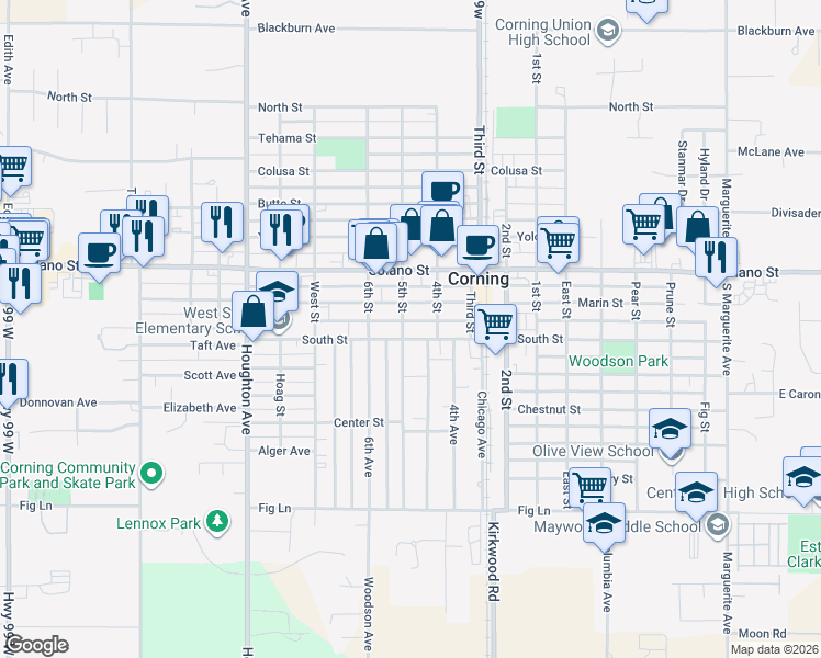 map of restaurants, bars, coffee shops, grocery stores, and more near 1012 5th Avenue in Corning