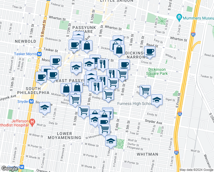 map of restaurants, bars, coffee shops, grocery stores, and more near 722 McClellan Street in Philadelphia