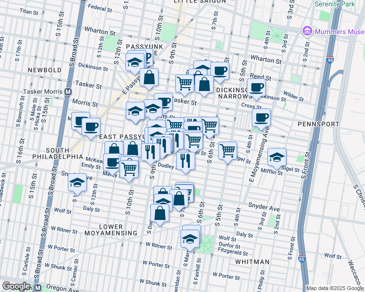 map of restaurants, bars, coffee shops, grocery stores, and more near 726 McClellan Street in Philadelphia
