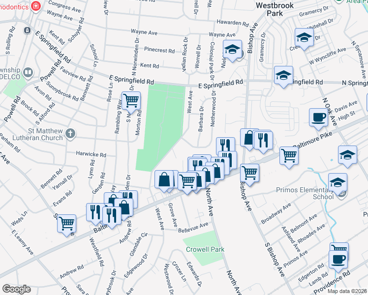 map of restaurants, bars, coffee shops, grocery stores, and more near 221 West Avenue in Springfield