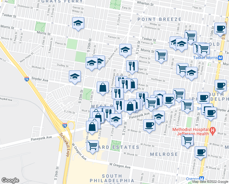 map of restaurants, bars, coffee shops, grocery stores, and more near South Croskey Street in Philadelphia