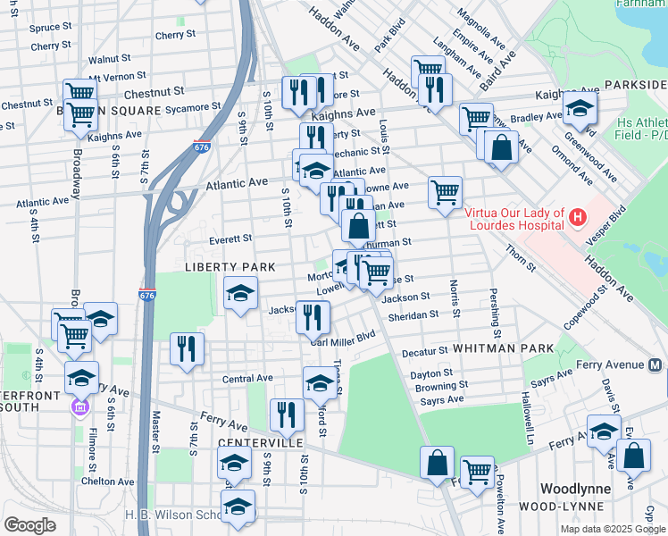 map of restaurants, bars, coffee shops, grocery stores, and more near 1147 Lowell Street in Camden