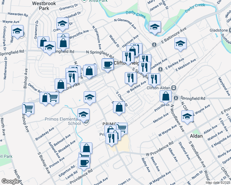 map of restaurants, bars, coffee shops, grocery stores, and more near 124 South Church Street in Clifton Heights