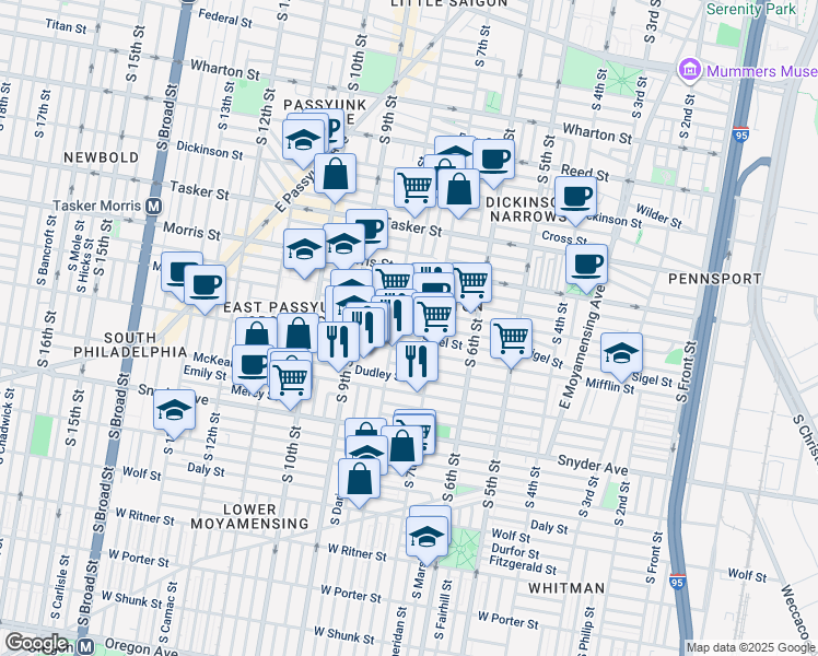 map of restaurants, bars, coffee shops, grocery stores, and more near 726 McClellan Street in Philadelphia