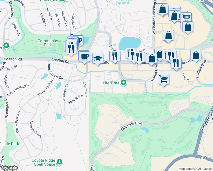 map of restaurants, bars, coffee shops, grocery stores, and more near 210 Summit Boulevard in Broomfield
