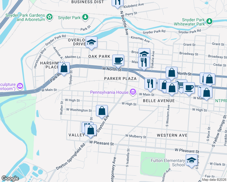 map of restaurants, bars, coffee shops, grocery stores, and more near 14 South William Street in Springfield