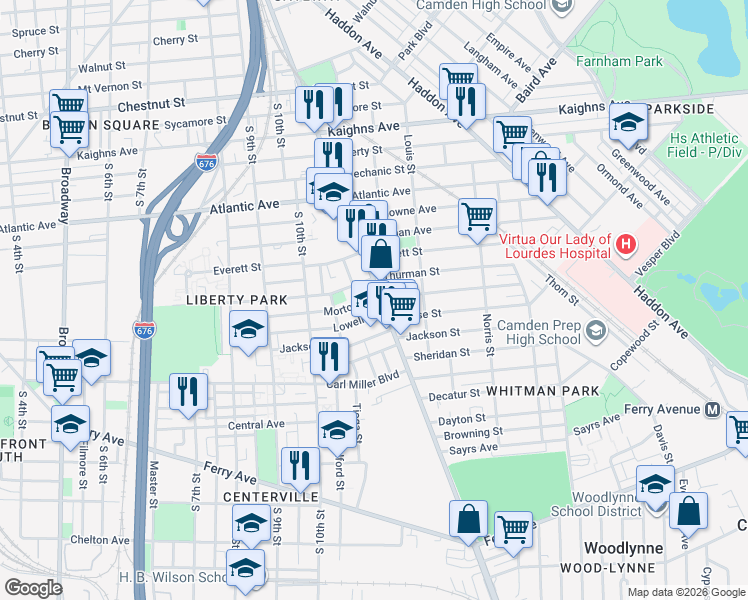 map of restaurants, bars, coffee shops, grocery stores, and more near 1147 Lowell Street in Camden