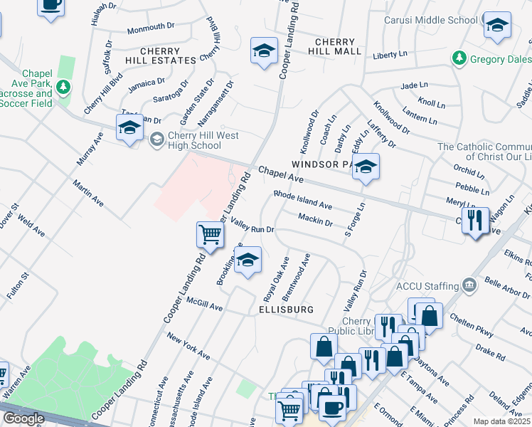 map of restaurants, bars, coffee shops, grocery stores, and more near 405 Rhode Island Avenue in Cherry Hill