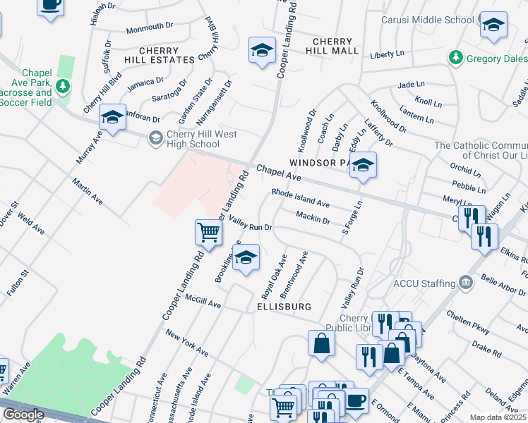 map of restaurants, bars, coffee shops, grocery stores, and more near 405 Rhode Island Avenue in Cherry Hill