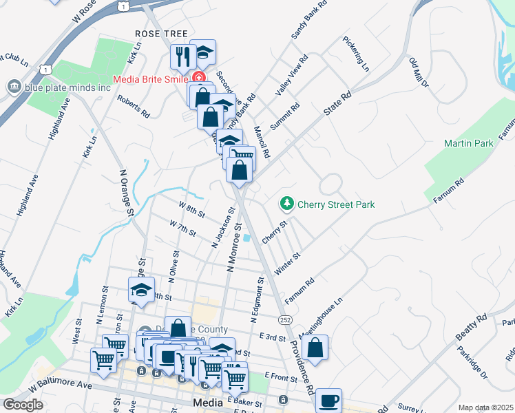 map of restaurants, bars, coffee shops, grocery stores, and more near 716 Summer Street in Media