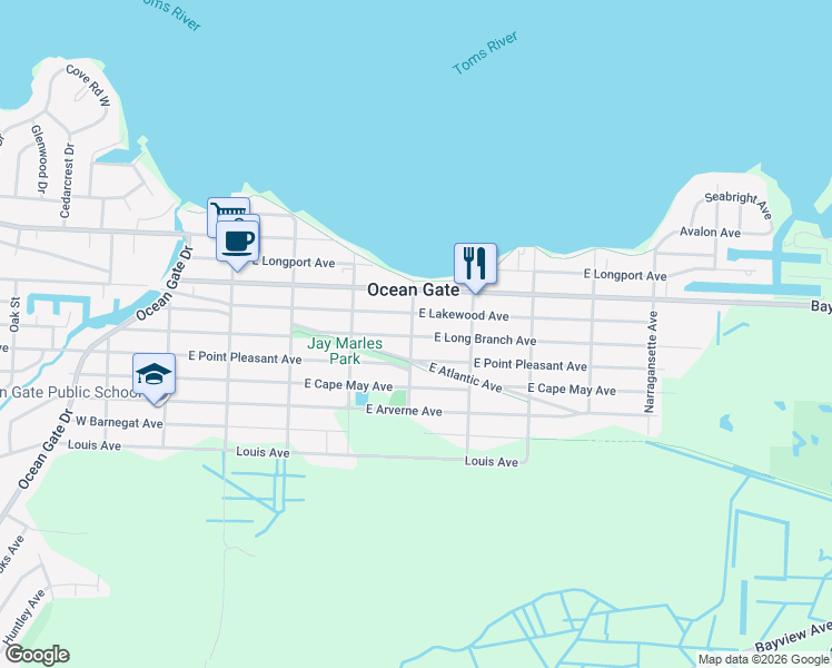 map of restaurants, bars, coffee shops, grocery stores, and more near 319 West Point Pleasant Avenue in Ocean Gate