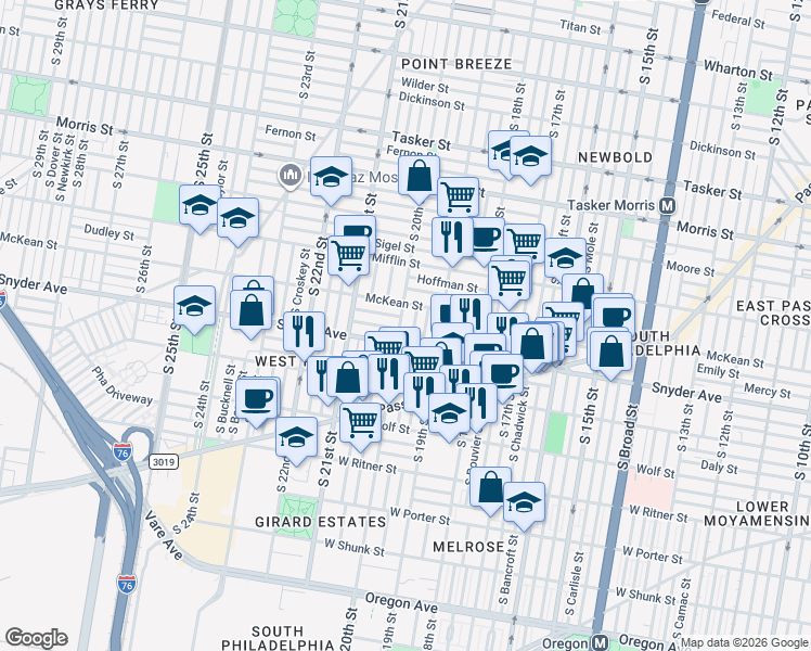 map of restaurants, bars, coffee shops, grocery stores, and more near in Philadelphia