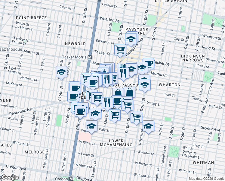 map of restaurants, bars, coffee shops, grocery stores, and more near 1927 South Sartain Street in Philadelphia