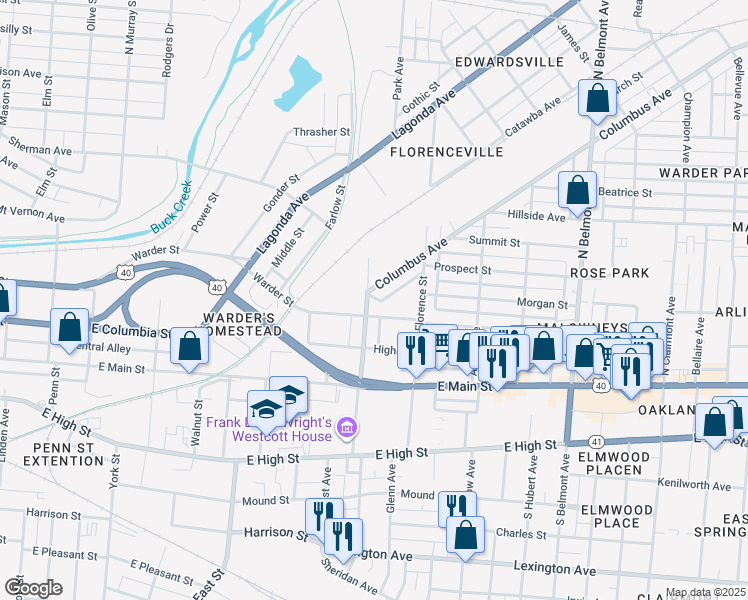 map of restaurants, bars, coffee shops, grocery stores, and more near 220 North Greenmount Avenue in Springfield