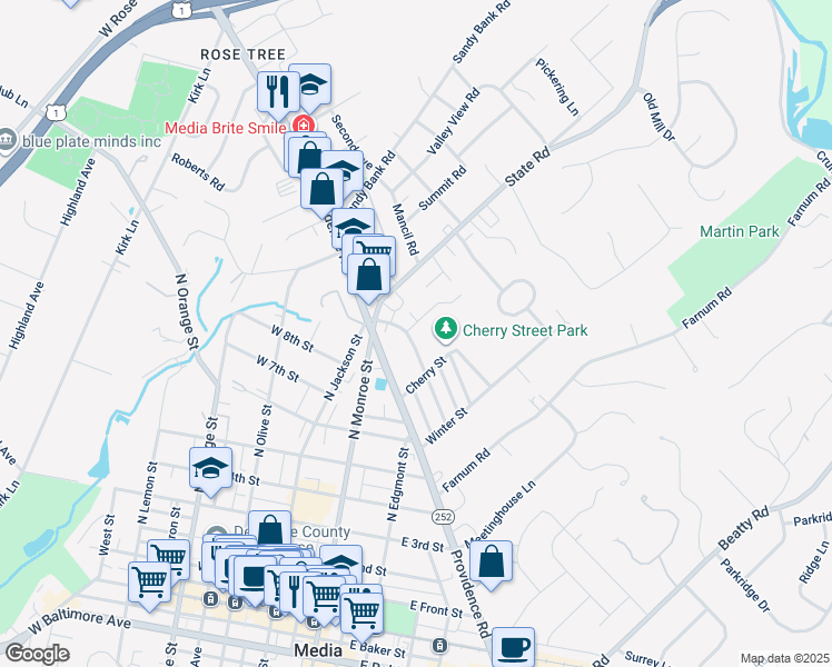 map of restaurants, bars, coffee shops, grocery stores, and more near 713 Summer Street in Media