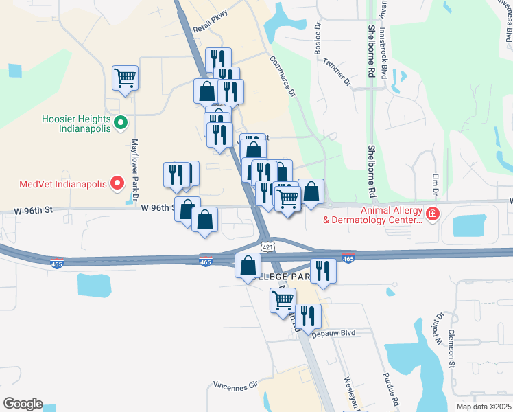 map of restaurants, bars, coffee shops, grocery stores, and more near 9895 North Michigan Road in Carmel