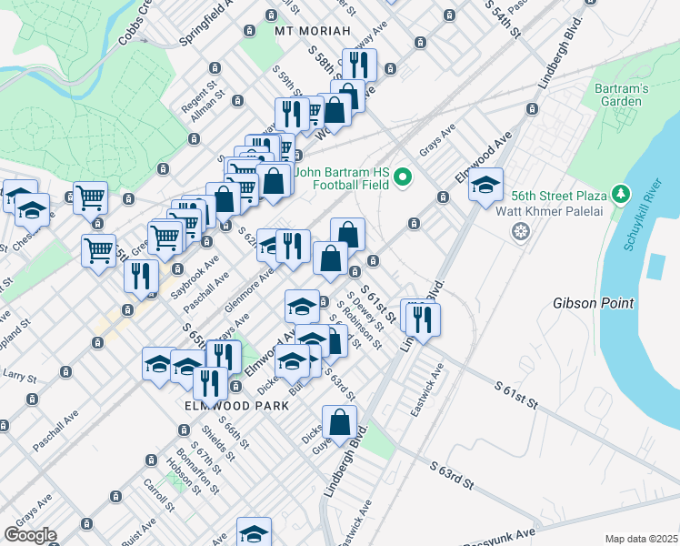 map of restaurants, bars, coffee shops, grocery stores, and more near 6108 Reedland Street in Philadelphia