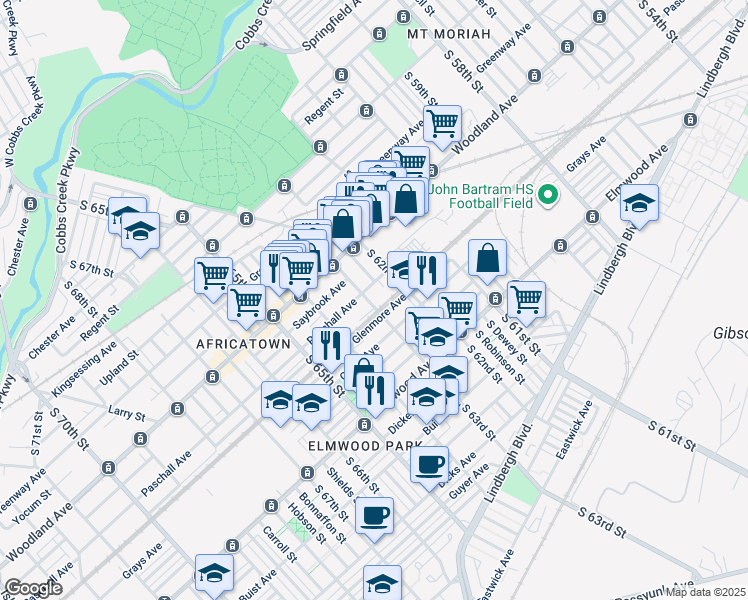 map of restaurants, bars, coffee shops, grocery stores, and more near 2317 South 63rd Street in Philadelphia