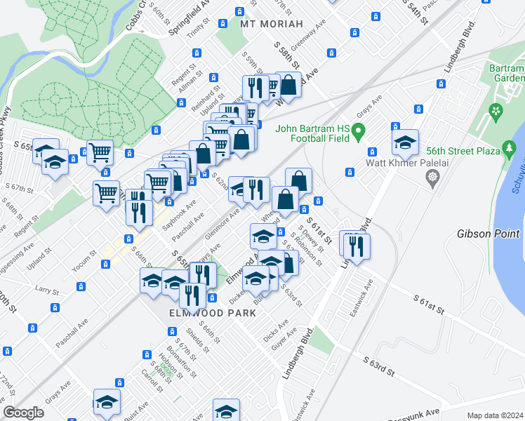 map of restaurants, bars, coffee shops, grocery stores, and more near 6156 Grays Avenue in Philadelphia
