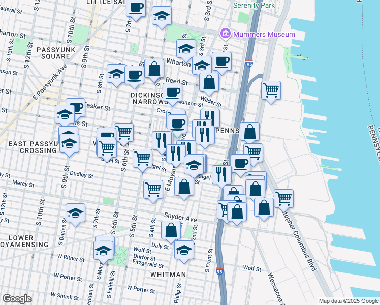 map of restaurants, bars, coffee shops, grocery stores, and more near 221 Pierce Street in Philadelphia