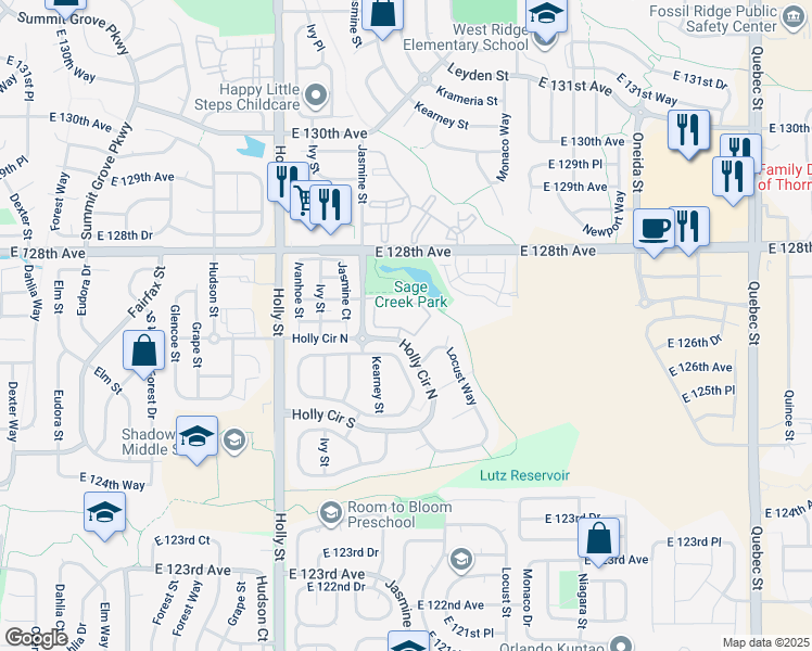 map of restaurants, bars, coffee shops, grocery stores, and more near 12690 Jersey Circle East in Thornton