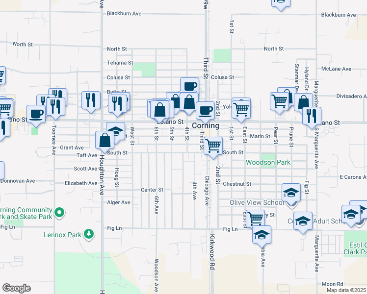 map of restaurants, bars, coffee shops, grocery stores, and more near 1213 South Street in Corning
