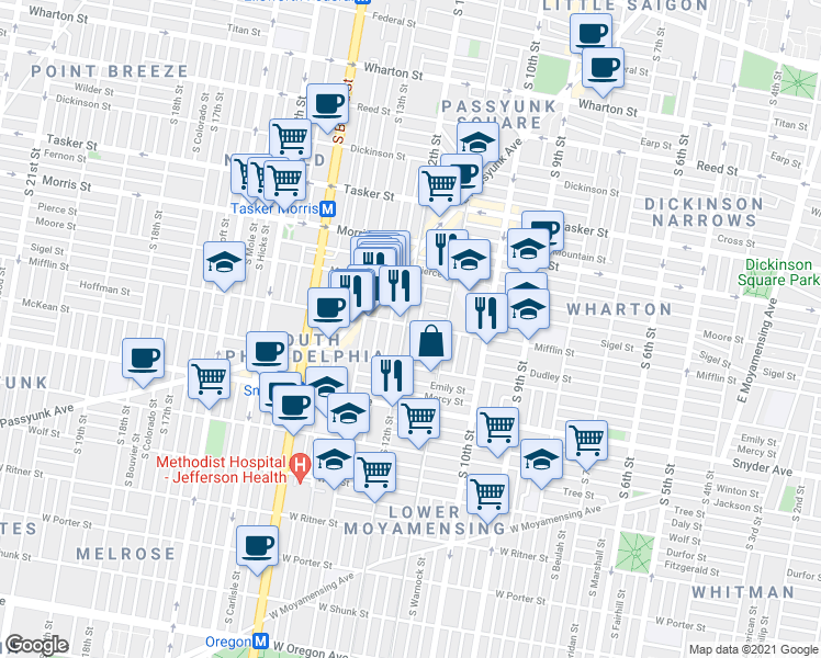 map of restaurants, bars, coffee shops, grocery stores, and more near 1927 South Sartain Street in Philadelphia