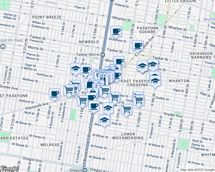 map of restaurants, bars, coffee shops, grocery stores, and more near 1323 McKean Street in Philadelphia
