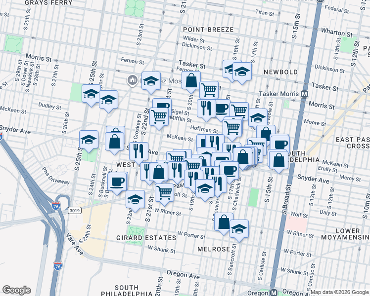 map of restaurants, bars, coffee shops, grocery stores, and more near in Philadelphia
